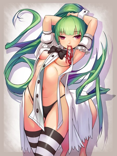 Anime picture 1350x1800 with original iorlvm single long hair tall image looking at viewer fringe breasts light erotic simple background pink eyes green hair grey background bare belly armpit (armpits) girl thighhighs ribbon (ribbons) hair ribbon striped thighhighs
