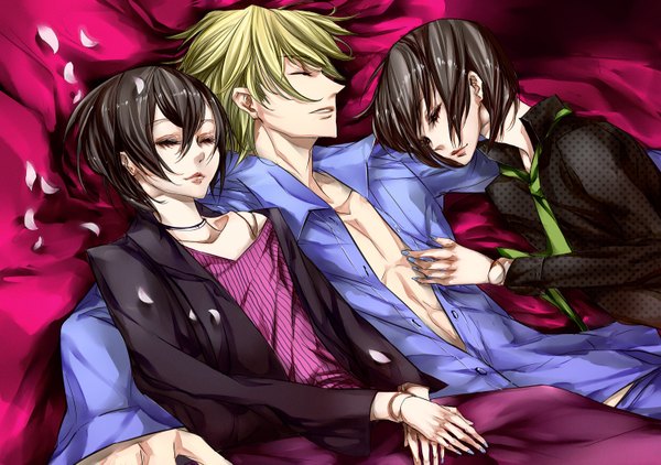 Anime picture 1500x1057 with durarara!! brains base (studio) heiwajima shizuo heiwajima kasuka ying (artist) short hair black hair blonde hair eyes closed open clothes open shirt sleeping boy petals necktie