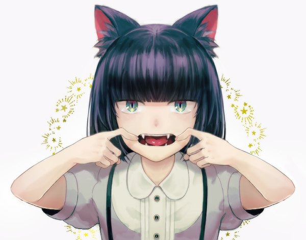 Anime picture 1000x787 with original kuroi looking at viewer fringe short hair open mouth simple background white background green eyes animal ears purple hair cat ears teeth fang (fangs) puffy sleeves finger to mouth cat eyes girl tongue suspenders