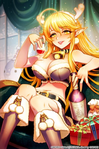Anime picture 800x1200 with sword girls catshi single long hair tall image breasts light erotic blonde hair large breasts yellow eyes pointy ears girl navel bell couch gift bottle