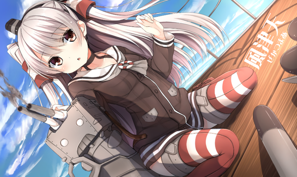 Anime picture 972x583 with kantai collection amatsukaze destroyer rensouhou-kun kaguyuu long hair blush open mouth wide image sitting brown eyes sky silver hair cloud (clouds) outdoors two side up dutch angle wariza girl thighhighs hat