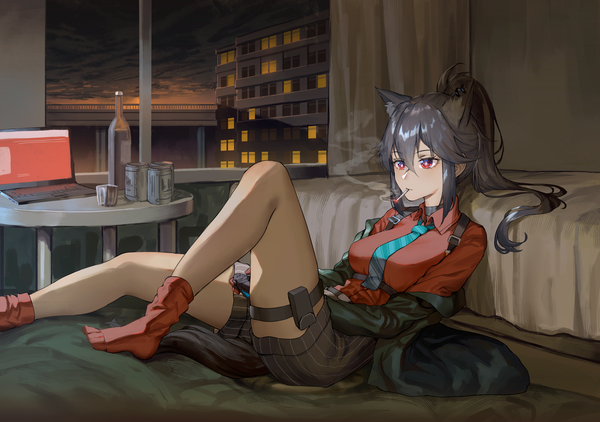 Anime picture 7056x4962 with arknights texas (arknights) texas (willpower) (arknights) xinfei single long hair fringe highres breasts black hair hair between eyes red eyes sitting holding animal ears payot absurdres ponytail indoors tail