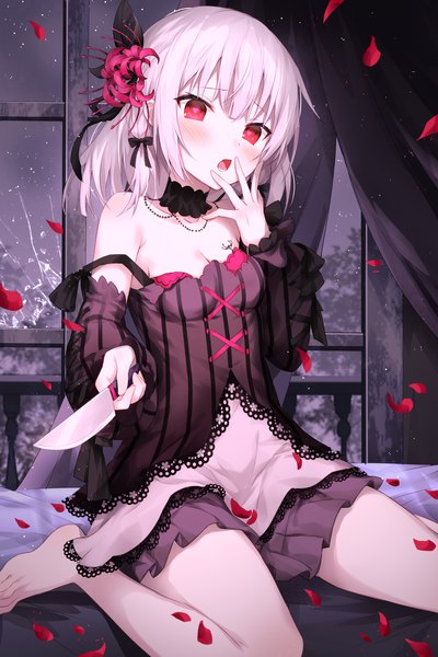 Anime picture 3150x4724 with virtual youtuber nijisanji virtuareal chiyuu (virtuareal) devil heavens single tall image looking at viewer blush fringe highres short hair open mouth red eyes sitting holding payot absurdres cleavage silver hair
