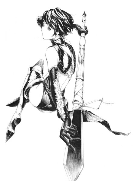 Anime picture 780x1050 with original sousou (sousouworks) single tall image fringe short hair black hair simple background white background holding from behind back monochrome girl gloves weapon boots bandage (bandages) spear