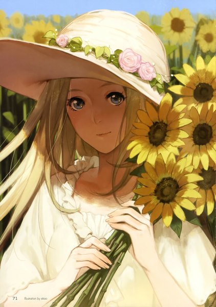 Anime picture 1056x1500 with tokyo 7th sisters ekao single long hair tall image looking at viewer blue eyes blonde hair smile holding sunlight girl flower (flowers) hat rose (roses) bouquet straw hat sunflower