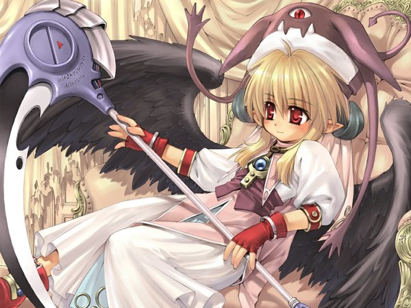 Anime picture 1024x768 with tagme (copyright) tagme (artist) single long hair blush fringe blonde hair red eyes looking away bent knee (knees) lying horn (horns) pointy ears wallpaper demon girl black wings girl gloves wings fingerless gloves