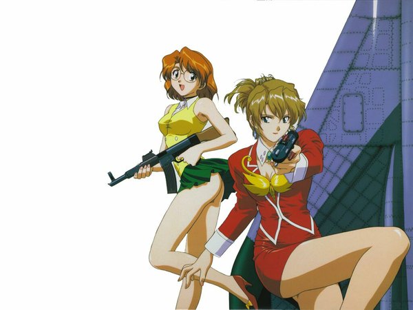 Anime picture 1024x768 with agent aika sumeragi aika rion aida blonde hair multiple girls orange hair girl 2 girls glasses gun