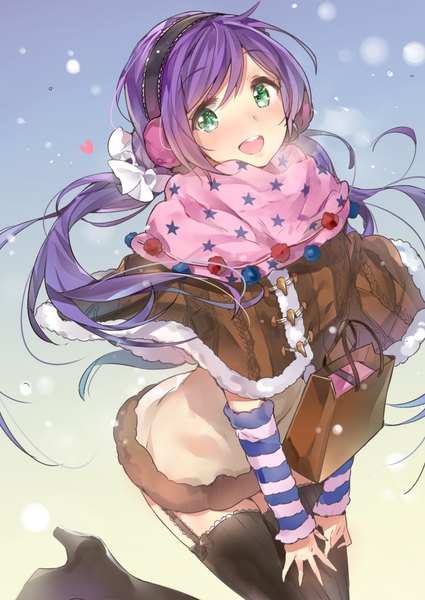 Anime picture 752x1062 with love live! school idol project sunrise (studio) love live! toujou nozomi yuran (cozyquilt) single long hair tall image blush open mouth green eyes purple hair bent knee (knees) high heels snowing star print girl thighhighs black thighhighs jacket