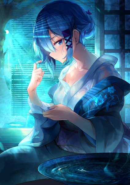 Anime picture 2480x3508 with original maeshimashi single tall image looking at viewer fringe highres short hair blue eyes hair between eyes sitting payot blue hair indoors nail polish traditional clothes japanese clothes profile off shoulder night