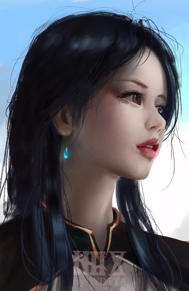 Anime picture 1080x1666 with original ydiya single long hair tall image black hair brown eyes signed looking away upper body parted lips profile lips gradient background watermark portrait eyeshadow girl earrings