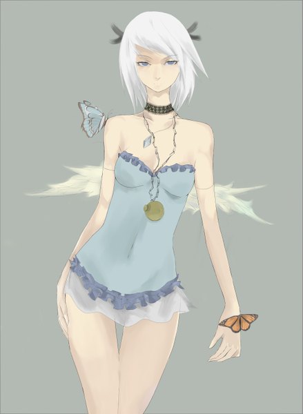Anime picture 2050x2800 with original elf (artist) tall image looking at viewer highres short hair blue eyes bare shoulders white hair grey background angel wings girl thighhighs dress wings choker insect butterfly