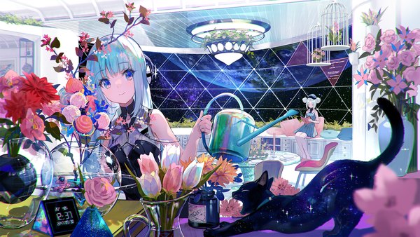 Anime picture 2000x1125 with original fuzichoco long hair fringe highres blue eyes smile wide image standing multiple girls holding looking away indoors blunt bangs eyes closed nail polish aqua hair hair bun (hair buns) space starry sky print