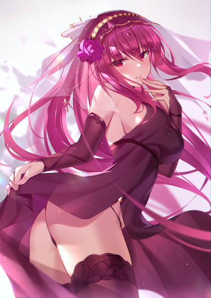 Anime picture 2149x3035 with fate (series) fate/grand order scathach (fate) (all) scathach skadi (fate) black fire (peter02713) single long hair tall image looking at viewer blush fringe highres breasts light erotic hair between eyes red eyes large breasts standing bare shoulders payot