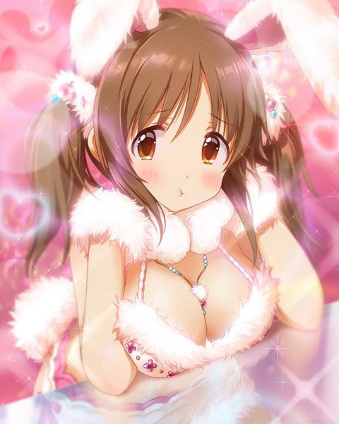 Anime picture 640x800 with idolmaster idolmaster cinderella girls totoki airi stakhanov undou single long hair tall image looking at viewer blush fringe breasts light erotic brown hair large breasts twintails brown eyes animal ears cleavage tail animal tail