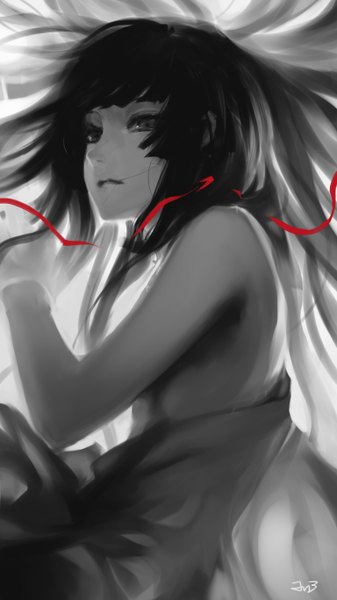 Anime picture 768x1366 with hell girl studio deen enma ai jn3 single long hair tall image fringe black hair bare shoulders lying black eyes dark skin on side monochrome girl thread red thread