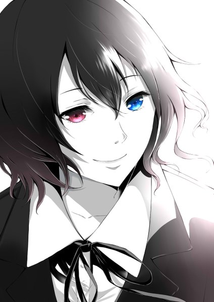 Anime picture 905x1280 with another p.a. works misaki mei utakata (s sw) single tall image fringe short hair blue eyes black hair smile red eyes white background looking away light smile wind lips heterochromia face white skin