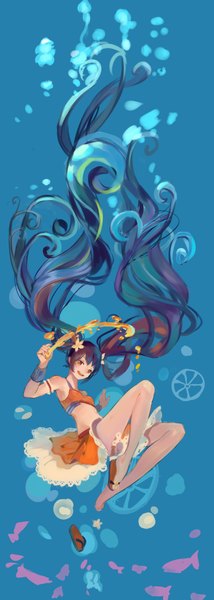 Anime picture 1594x4451 with arancia project original arancia neptune (artist) single tall image multicolored hair orange eyes underwater orange background girl skirt water bubble (bubbles)