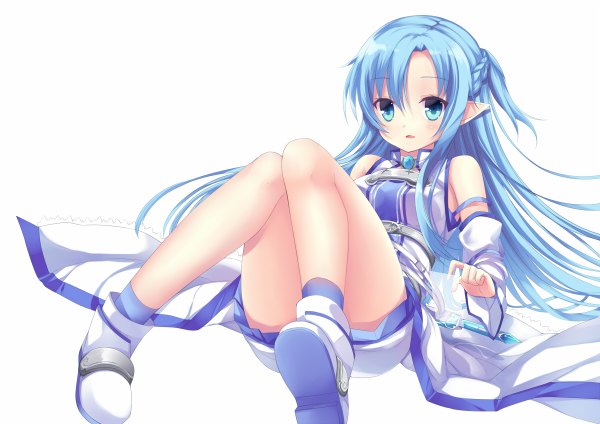 Anime picture 1200x848 with sword art online a-1 pictures yuuki asuna asuna (sao-alo) liong (artist) single long hair blue eyes simple background white background bare shoulders blue hair pointy ears girl detached sleeves