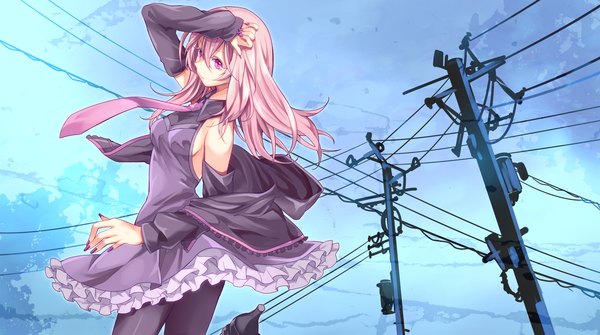 Anime picture 2000x1119 with utau gahata mage toudou charo single long hair looking at viewer highres wide image looking away pink hair pink eyes open clothes open jacket girl dress necktie jacket wire (wires)