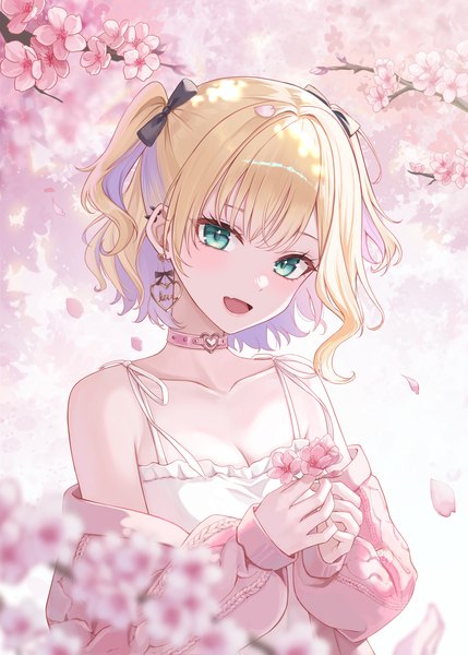 Anime picture 1500x2099 with virtual youtuber vspo! iris black games kurumi noah pora 0918 single tall image looking at viewer short hair open mouth blonde hair holding cleavage outdoors :d aqua eyes off shoulder two side up piercing cherry blossoms