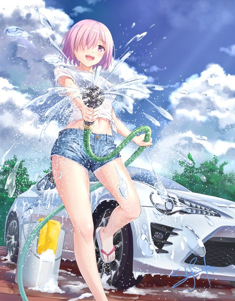 Anime picture 783x1000 with fate (series) fate/grand order mash kyrielight skyrail (skynetrailgun) single tall image looking at viewer blush fringe short hair open mouth light erotic standing purple eyes holding pink hair sky cloud (clouds) outdoors :d