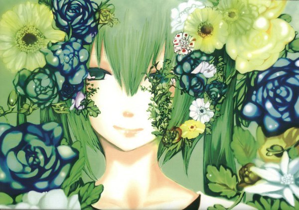 Anime picture 2312x1628 with vocaloid hatsune miku meola single long hair looking at viewer fringe highres twintails green eyes hair flower green hair light smile close-up girl hair ornament flower (flowers) rose (roses) blue rose