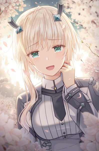 Anime picture 1250x1900 with maou gakuin no futekigousha silver link misha necron madindex single tall image looking at viewer blush fringe short hair breasts open mouth blue eyes blonde hair smile hair between eyes sky upper body outdoors :d