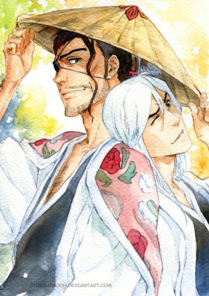 Anime picture 706x1000 with bleach studio pierrot kyoraku shunsui ukitake juushirou sideburn004 long hair tall image brown hair brown eyes white hair traditional clothes one eye closed light smile wink inscription arm support couple back to back traditional media watercolor (medium)