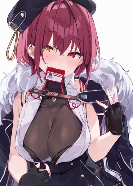 Anime picture 2591x3624 with virtual youtuber hololive houshou marine houshou marine (6th costume) nabeniuitagomi single long hair tall image looking at viewer blush fringe highres short hair breasts light erotic simple background hair between eyes red eyes large breasts white background