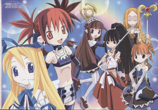 Anime picture 3337x2322 with disgaea megami magazine etna (disgaea) flonne priest (ragnarok online) archer (disgaea) mage (disgaea) ronin (disgaea) healer (disgaea) ronin long hair highres blue eyes black hair blonde hair red eyes brown hair multiple girls ponytail red hair