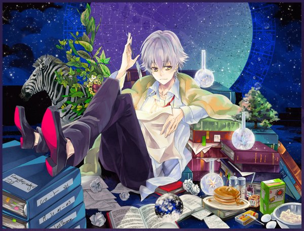 Anime picture 3083x2343 with k-project gohands (studio) yashiro isana killcake highres short hair yellow eyes absurdres sky silver hair night sky syrup boy flower (flowers) plant (plants) animal shirt tree (trees) food book (books)