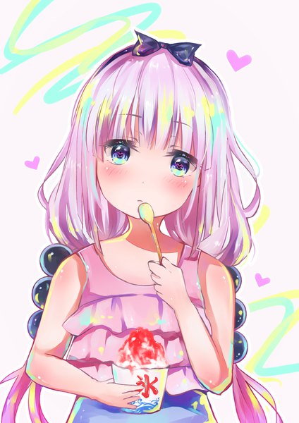 Anime picture 1450x2050 with kobayashi-san chi no maidragon kyoto animation kanna kamui slass single long hair tall image looking at viewer blush fringe blue eyes simple background twintails bare shoulders holding pink hair upper body head tilt multicolored hair low twintails