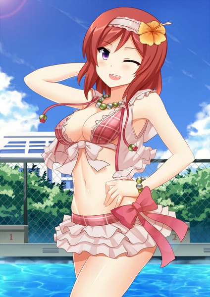 Anime picture 750x1060 with love live! school idol project sunrise (studio) love live! nishikino maki mmrailgun single tall image looking at viewer short hair breasts open mouth light erotic purple eyes red hair one eye closed hair flower wink girl hair ornament flower (flowers)