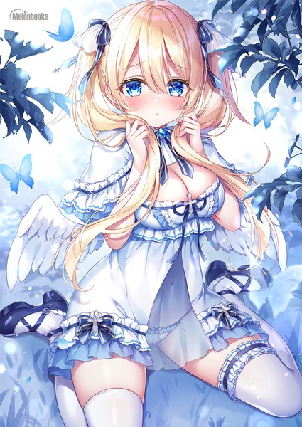 Anime picture 1433x2024 with original melonbooks mitsuba choco single long hair tall image looking at viewer blush fringe breasts blue eyes light erotic blonde hair hair between eyes large breasts sitting twintails payot cleavage bent knee (knees)
