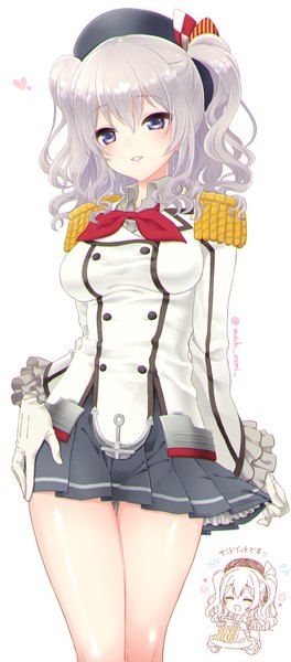 Anime picture 506x1150 with kantai collection kashima training cruiser mochiya marosuke long hair tall image blush open mouth light erotic simple background hair between eyes white background purple eyes twintails signed looking away silver hair eyes closed parted lips :d hand on hip