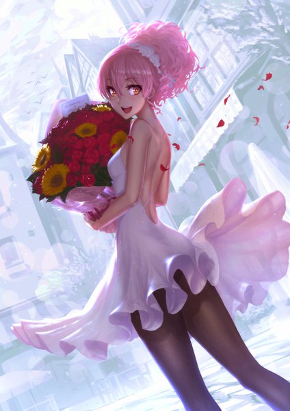 Anime picture 2480x3508 with idolmaster idolmaster cinderella girls jougasaki mika noname (metaldragonfly) single tall image looking at viewer blush fringe highres short hair open mouth hair between eyes standing holding pink hair outdoors :d looking back from behind