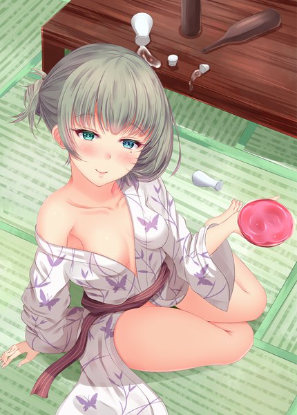 Anime picture 860x1200 with idolmaster idolmaster cinderella girls takagaki kaede shiro usagi single tall image looking at viewer blush short hair breasts blue eyes light erotic smile brown hair sitting traditional clothes japanese clothes from above arm support heterochromia