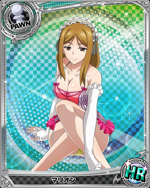 Anime picture 640x800 with highschool dxd marion (high school dxd) single long hair tall image looking at viewer breasts light erotic brown hair brown eyes cleavage pantyshot pantyshot sitting card (medium) girl underwear panties detached sleeves