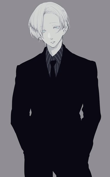 Anime picture 636x1024 with original cattleya (zabeo) zabeo0125 single tall image looking at viewer short hair blue eyes simple background standing white hair grey background striped hands in pockets boy shirt necktie suit striped shirt