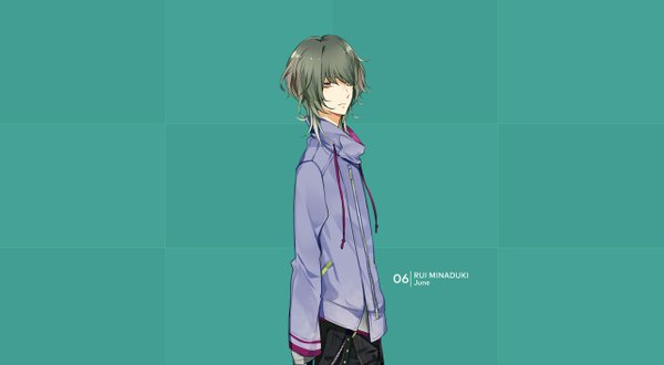 Anime picture 1282x706 with tsukiuta minaduki rui tagme (artist) single long hair looking at viewer simple background wide image brown eyes looking back green hair official art turning head boy jacket