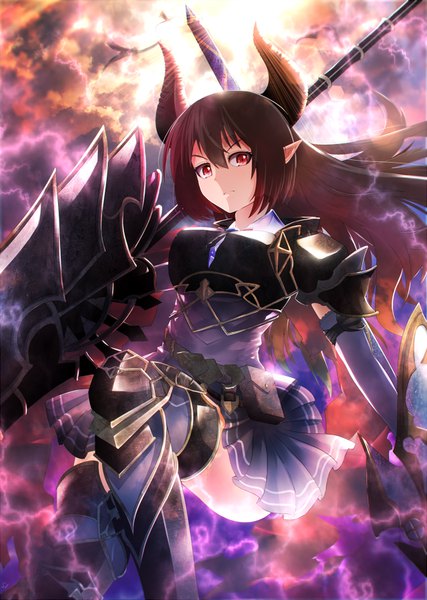 Anime picture 640x900 with shingeki no bahamut granblue fantasy forte (shingeki no bahamut) marusan single long hair tall image looking at viewer fringe hair between eyes red eyes brown hair holding cloud (clouds) bent knee (knees) pleated skirt horn (horns) pointy ears sunlight floating hair