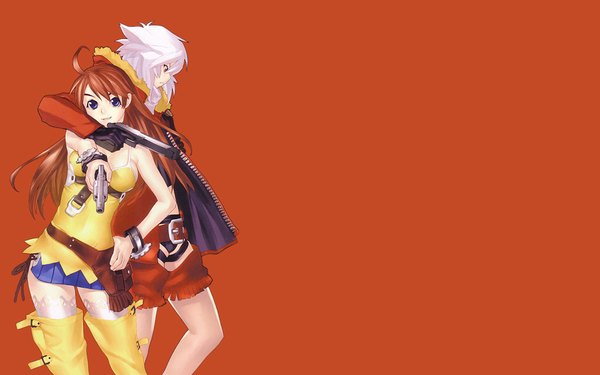 Anime picture 1280x800 with bakuretsu tenshi jo (bakuretsu tenshi) meg (bakuretsu tenshi) hakua ugetsu wide image white hair red hair red background thighhighs gun