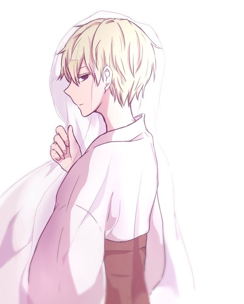 Anime picture 950x1185 with naka no hito genome silver link oshigiri zakuro miyako (ktcg925) single tall image looking at viewer fringe short hair simple background blonde hair hair between eyes white background purple eyes holding traditional clothes japanese clothes profile crossdress boy