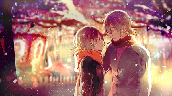 Anime picture 1280x720 with vocaloid kagamine rin kagamine len miko (pixiv) short hair smile wide image standing outdoors parted lips head tilt profile black eyes lens flare happy brother and sister girl boy scarf red scarf