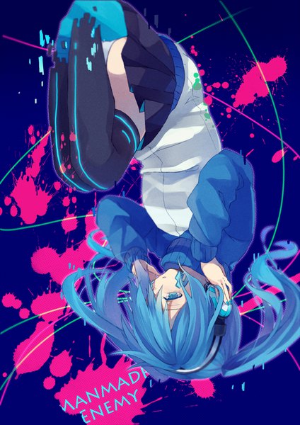 Anime picture 707x1000 with kagerou project shaft (studio) jinzou enemy (vocaloid) ene (kagerou project) nanao mugi single long hair tall image fringe blue eyes light erotic twintails bent knee (knees) nail polish pleated skirt wind hair over one eye pantyshot copyright name upside down