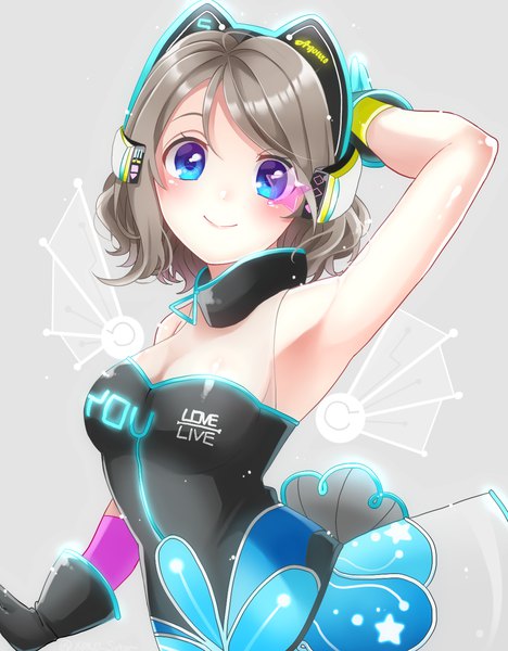 Anime picture 1142x1464 with love live! sunshine!! sunrise (studio) love live! watanabe you shuga (0329tixi) single tall image looking at viewer blush fringe short hair breasts blue eyes smile standing cleavage head tilt arm up grey hair armpit (armpits)