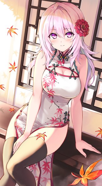 Anime picture 658x1200 with cu-no yayoi sakura hisenkaede single long hair tall image looking at viewer blush fringe breasts light erotic smile hair between eyes sitting purple eyes bare shoulders payot pink hair cleavage traditional clothes