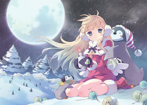 Anime picture 1002x712 with original tiru (artist) long hair blush blue eyes blonde hair smile signed full body night night sky fur trim hug christmas winter angel wings merry christmas meteor rain girl plant (plants)