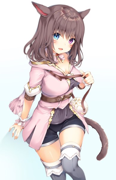 Anime picture 800x1233 with final fantasy final fantasy xiv square enix miqo'te kanora single long hair tall image looking at viewer blush fringe breasts open mouth blue eyes simple background smile hair between eyes brown hair purple eyes holding