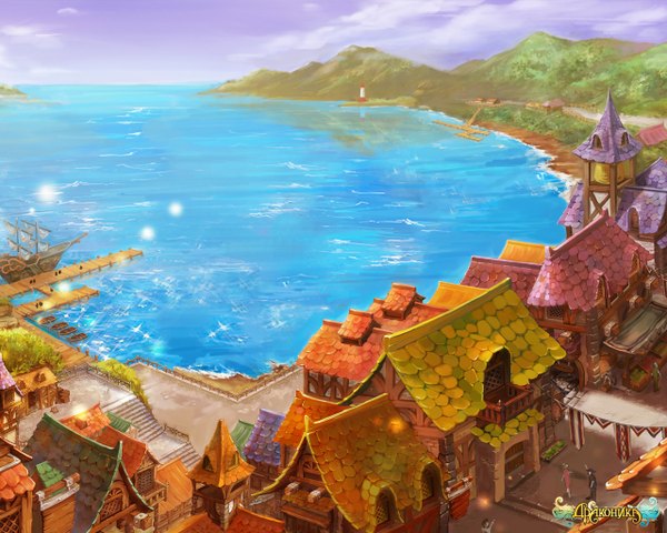 Anime picture 1280x1024 with dragonica online inscription city mountain landscape sea stairs house watercraft people ship lighthouse